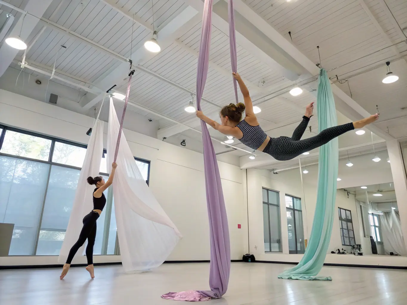 A captivating image of aerial silk performers gracefully executing complex moves during a performance at ABE Acrobatics Center.