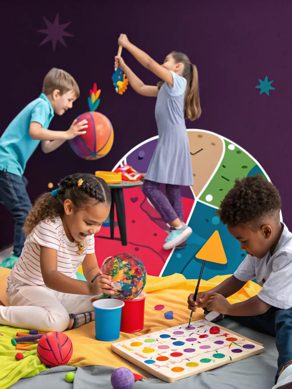 A vibrant image of children participating in a juggling workshop at ABE Acrobatics Center, showcasing colorful balls and focused expressions.