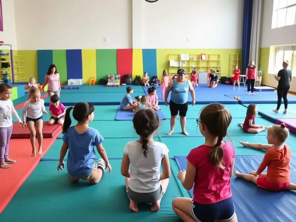 A vibrant image of a children's acrobatics workshop in progress, with kids learning basic tumbling skills under the guidance of instructors at ABE Acrobatics Center.