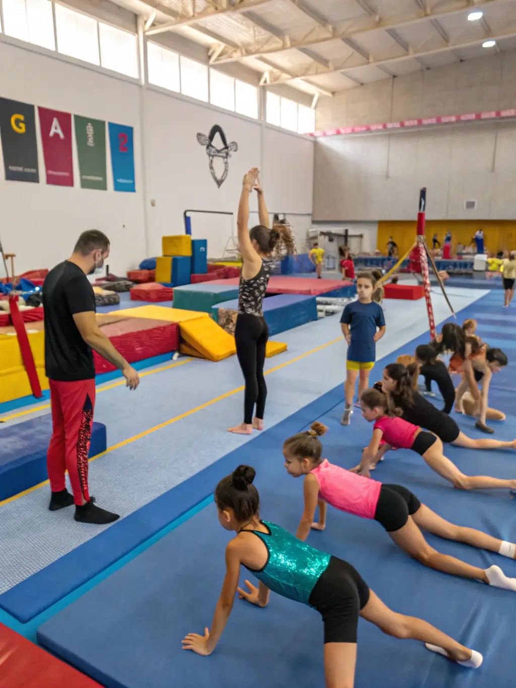 A close-up shot of students learning trapeze techniques at ABE Acrobatics Center, emphasizing safety and proper form.
