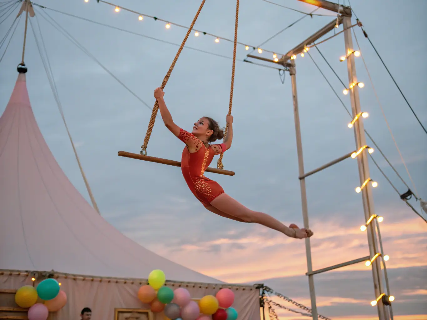 An image of an intermediate-level acrobat performing a routine on the trapeze, demonstrating the progression of skills at ABE.